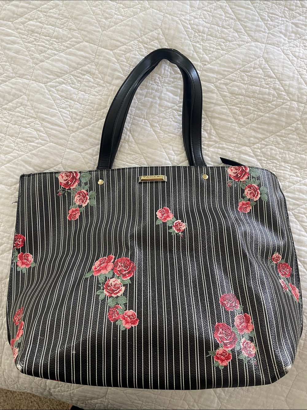Tahari Floral Stripe Tote Bag - Black with Pink/red Rose Print